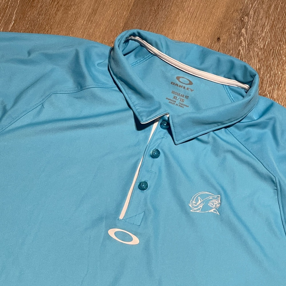 Oakley Mens Golf Polo‎ Shirt XL Blue O Hydrolix Shark Logo Short Sleeve
